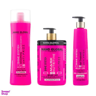 پک شامپو و ماسک داخل و بعد حمام نانوگلوبال مدل Shine System سری Anti Frizz حجم 1000 میلی لیتر