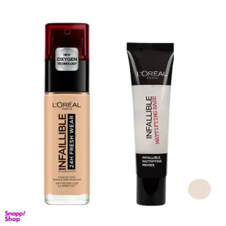 کرم پودر لورآل (L'oreal) مدل 24FRESH WEAR شماره 015 حجم 30 میلی لیتر به همراه پرایمر حجم 30 میلی لیتر