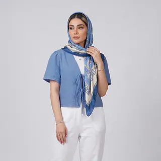 کراپ شومیز زنانه لینن بیگ دارت مدل 5040507652321، بنددار، یقه هفت، آستین کوتاه، تن‌خور معمولی، مناسب مجلسی و روزمره